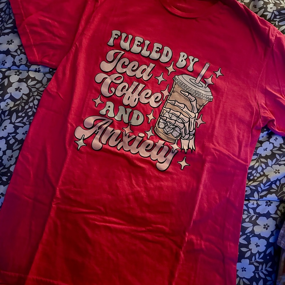 Gildan Red Graphic Tee with Iced Coffee Design